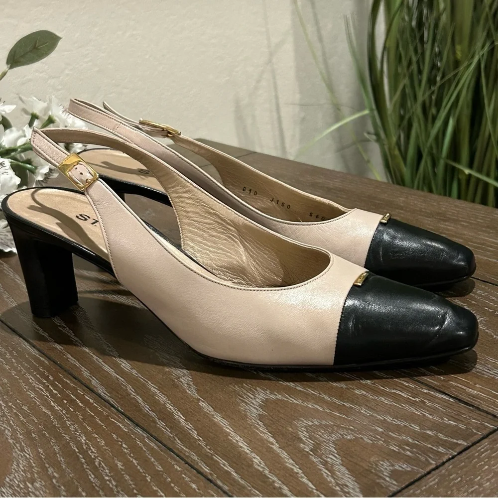 St. John Slingback Black / Tan Leather Heels Size 10 Made in Italy